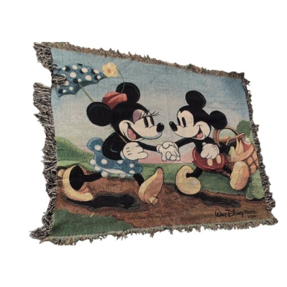 Disney World Mickey & Minnie Picnic Tapestry Throw Blanket 60x50 Vintage